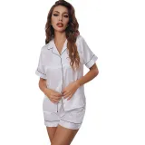 Women 2 Pieces Satin Silk Sleepwear Short Sleeve Button Shirt and Shorts Pajamas Set