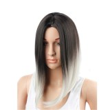 Women Synthetic Gradient Granny Grey Medium Long Straight Hair Wigs Middle Parting Wig