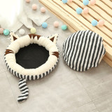 Striped Circular Plush Warm Dog Kennel Pet Kennel with Cat Ears