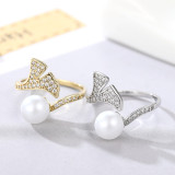 Pearl Ginkgo Leaf Fashion Jewelry Inlaid Diamond Adjustable Size Women Ring