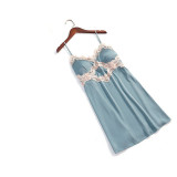Women Satin Silk Sleep Dress Embroidery Sling V-Neck Lace Mini Dress Pajamas