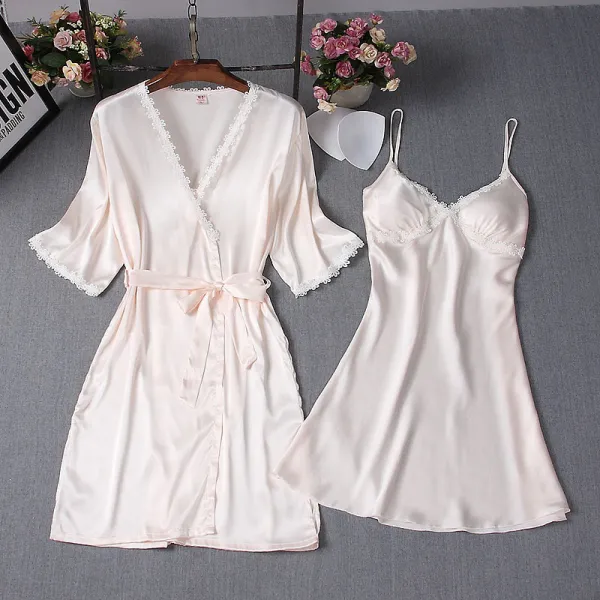 Women 2 Pieces Satin Silk Sleep Dress Sling Mini Dress and Cami Robe Pajamas Set