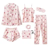 Women 7 Pieces Satin Silk Sleepwear Floral Printed Long Sleeve Shirt Sling Top and Pants Pajamas Set