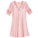 Women Satin Silk Sleep Dress Solid Color Short Sleeve V-Neck Swing Mini Dress Pajamas