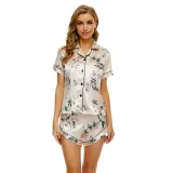 Women 2 Pieces Satin Silk Sleepwear Short Sleeve Mixed Print Shirt and Shorts Pajamas