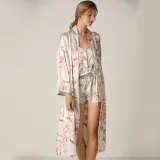 Women 3 Pieces Floral Printed Sleepwear Silk Sling Sleeveless Top Shorts and Maxi Robe Pajamas Set