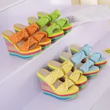 Women Open Toe Weave Strap Colorful Wedge Sandal Slipper