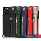 Zipper Leather Wallet Drop Proof Phone Case for iPhone13 12 11 Pro Max with Crossbody Lanyard