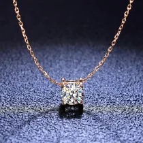 Rose Gold Sterling Silver Princess Cut Moissanite Zirconia Diamond Pendant Necklace