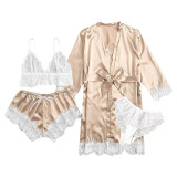 Women 4 Pieces Satin Silk Sleepwear Nightgown Lace with Lingerie Pajamas Set