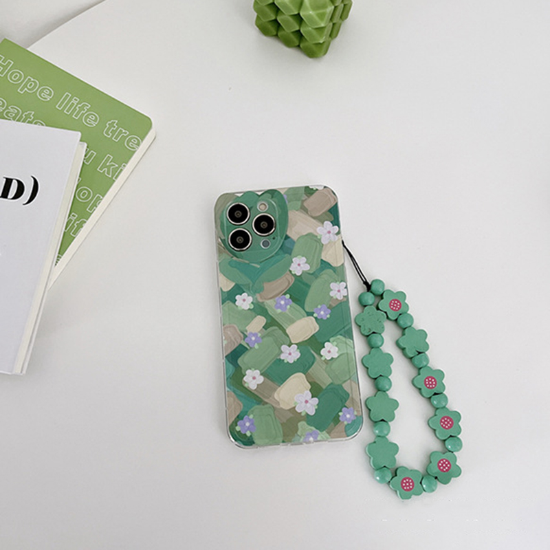 Green Oil Painting Flowers Drop Proof Phone Case for iPhone13 12 11 Pro Max with Flowers Bracelet