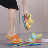 Women Open Toe Weave Strap Colorful Wedge Sandal Slipper
