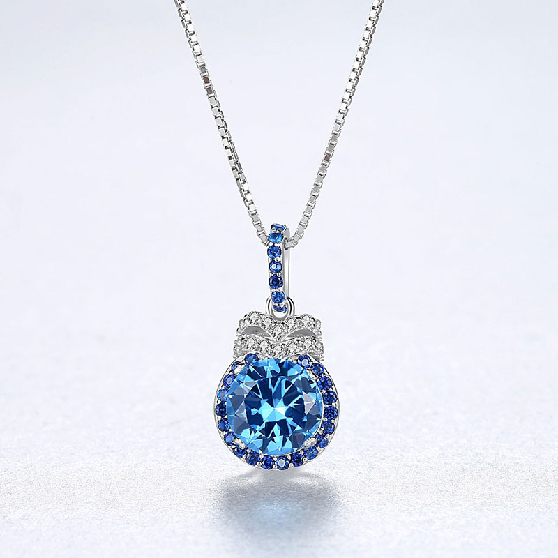 Sterling Silver Round Cut Solitaire Sapphire Pendant Necklace