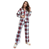 Women 2 Pieces Cotton Sleepwear Long Sleeve Button Plaid Shirt and Pants Pajamas Set