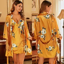 Women 2 Pieces Satin Silk Sleep Dress Sleeveless Sling Mini Dress and Robe Pajamas Set