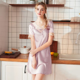 Women Satin Silk Sleepwear Short Sleeve Lace Swing Mini Dress Pajamas