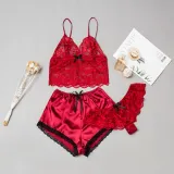 Women 3 Pieces Satin Silk Sleepwear Lace Sling Top Shorts and Lingerie Pajamas Set