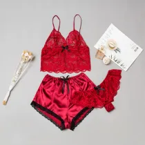 Women 3 Pieces Satin Silk Sleepwear Lace Sling Top Shorts and Lingerie Pajamas Set