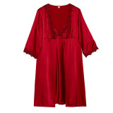 Women 2 Pieces Satin Silk Sleep Dress Sling Bowknot Mini Dress and Three-Quarter Sleeve Robe Pajamas