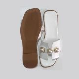 Women Lenuine Leather Pearls Block Flat Sandals Shoes