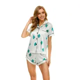 Women 2 Pieces Satin Silk Sleepwear Short Sleeve Mixed Print Shirt and Shorts Pajamas