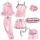 Women 7 Pieces Satin Silk Sleepwear Long Sleeve Shirt and Pants with Eye Mask and Headband Pajamas Set