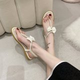 Women White Pearls Bow Tie Flip-Flops Ankle Buckle Sandals