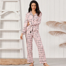 Women 2 Pieces Pink Sleepwear Long Sleeve Button Shirt and Long Pants Pajamas Set
