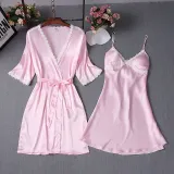 Women 2 Pieces Satin Silk Sleep Dress Sling Mini Dress and Cami Robe Pajamas Set