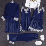 Women 5 Pieces Satin Silk Sleepwear Sling Sleep Dress and Robe Pajamas Set