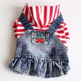 Pet Small Dog Red Striped Hooded Shirt Denim Strap Dress with Cherry Puppy Cloth
