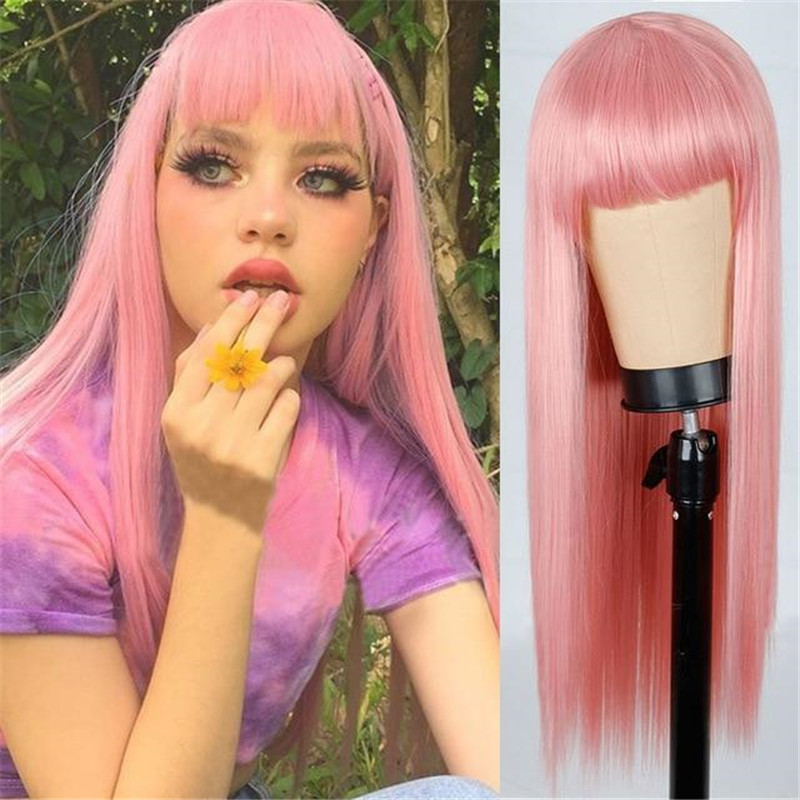 Women Halloween Pink Long Straight Wig