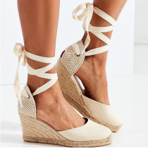 Women Closed Toe Tie Up Wedge Sandals
