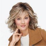 Women Light Golden Synthetic Short Wavy Hair Wigs Curly Bang Wig