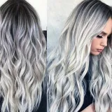 Women Synthetic Cosplay Wigs Long Gradient Silver Grey Wavy Hair Middle Parting Curly Wig