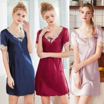 Women Satin Silk Sleepwear Short Sleeve Lace Swing Mini Dress Pajamas