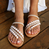 Women Petal Lace Pearl Flat Sandals