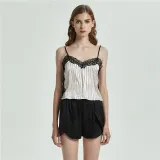 Women 2 Pieces Sleepwear Silk Sling Sleeveless Lace Top and Shorts Pajamas Set