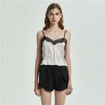 Women 2 Pieces Sleepwear Silk Sling Sleeveless Lace Top and Shorts Pajamas Set