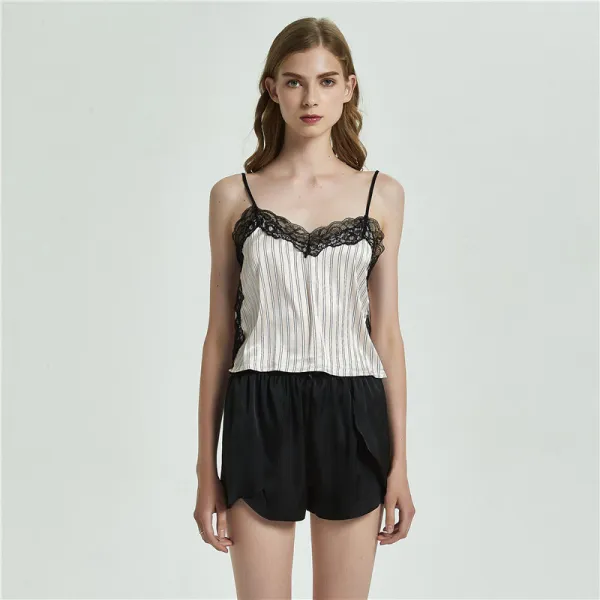 Women 2 Pieces Sleepwear Silk Sling Sleeveless Lace Top and Shorts Pajamas Set