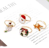 10PCS Oil Drop Christmas Elk Tree Snowflake Sock Rings Adjustable Size Gold Plated Xmas Santa Claus Rings