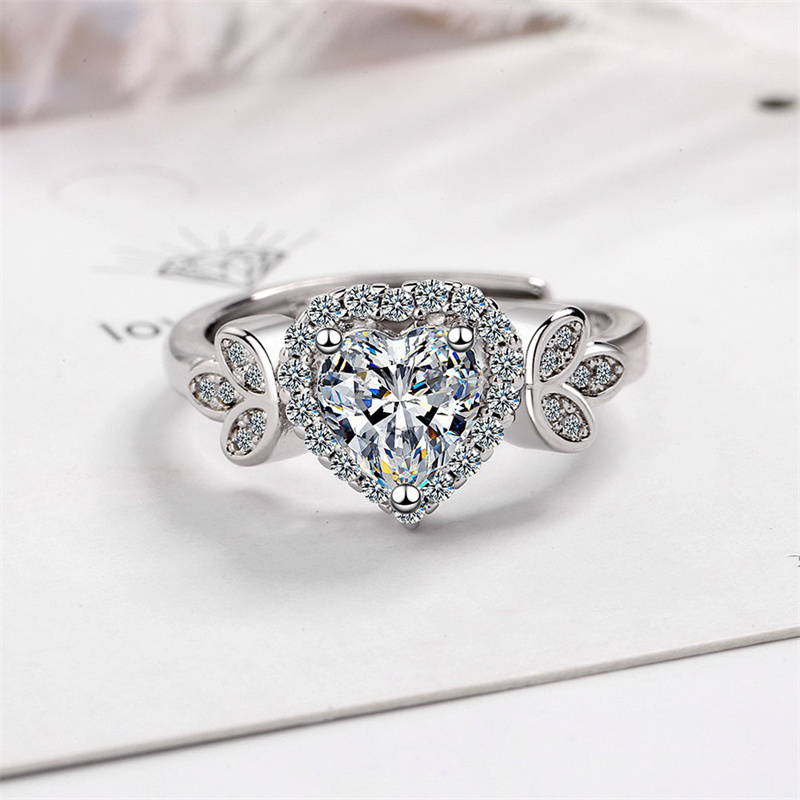 Silver Zircon Leaf Heart Type Fashion Jewelry Inlaid Diamond Adjustable Size Women Ring