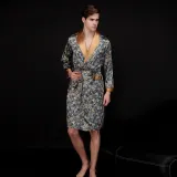 Men Satin Silk V-Neck Sleepwear Long Sleeve Printed Midi Robe Nightgown Pajamas