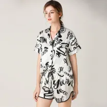 Women 2 Pieces Silk Printed Short Sleeve Shirt and Shorts Pajamas Set