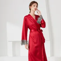 Women Silk Long Sleeve Surplice Nightgown Dress with Belt