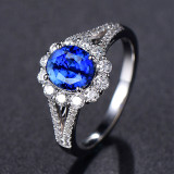 Blue Zircon Silver Petals Fashion Jewelry Inlaid Diamond Adjustable Size Women Ring