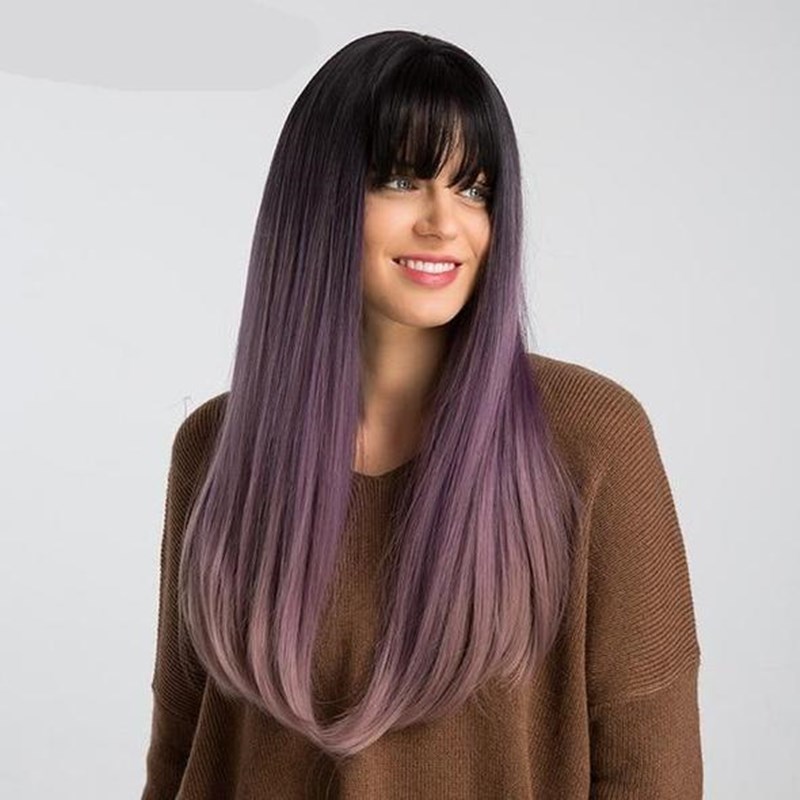 Women Long Gradient Wig Straight Hair Wigs With Bangs