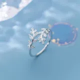 Silver Zircon Leaves Fashion Jewelry Inlaid Diamond Adjustable Size Women Ring