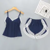 Women 2 Pieces Satin Silk Sleepwear Sling Lace Cami Top and Mini Shorts