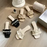 Women Pearls Open Toe Bare Flat Heel Leisure Sandalias Slippers
